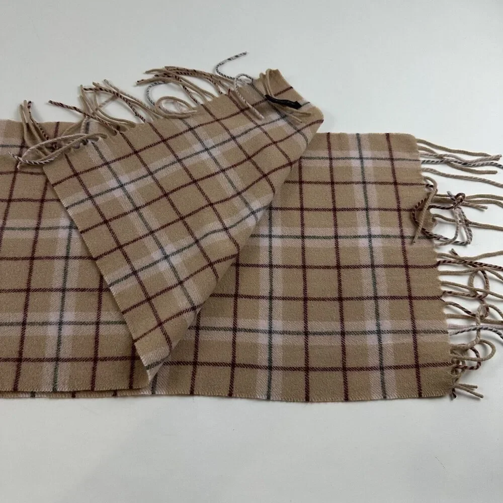 Enzo Montavani Cashmere Scarf Tan Burgundy Plaid Fringe 60